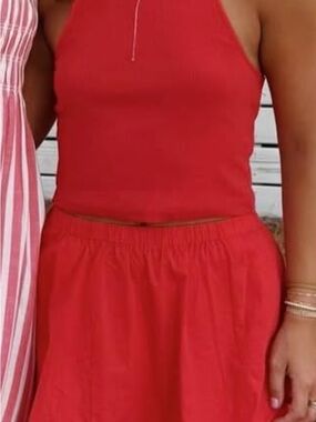 Free People Red Cropped Halter Top and Skirt Set